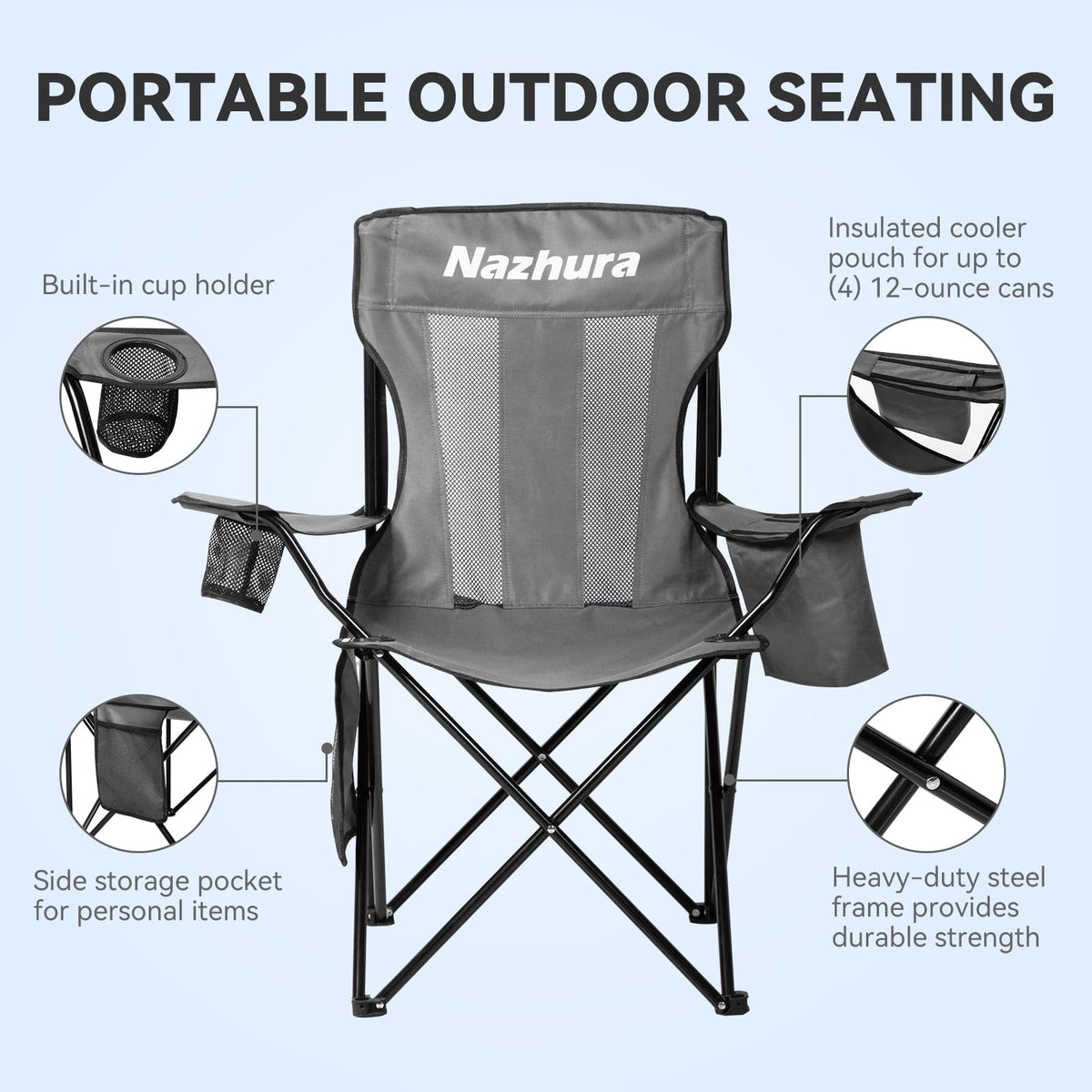 Nazhura 2 Pack Outdoor Camping Chairs Folding/Foldable/Portable with Cooler Pouch, Mesh Backrest and Cup Holder Pocket (Grey, Metal, 2 Pack)
