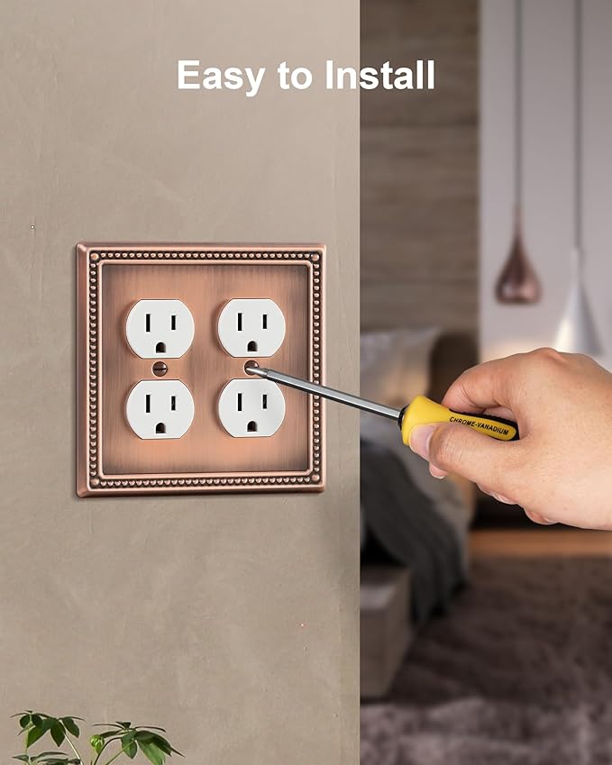 2-Pack Double Duplex Outlet Cover, Metal Switch Plates and Outlet Covers, Antique Copper Pearls Decorative Wall Plates for Electrical Outlets, 2 Gang Receptacle Cover, Corrosion Resistant