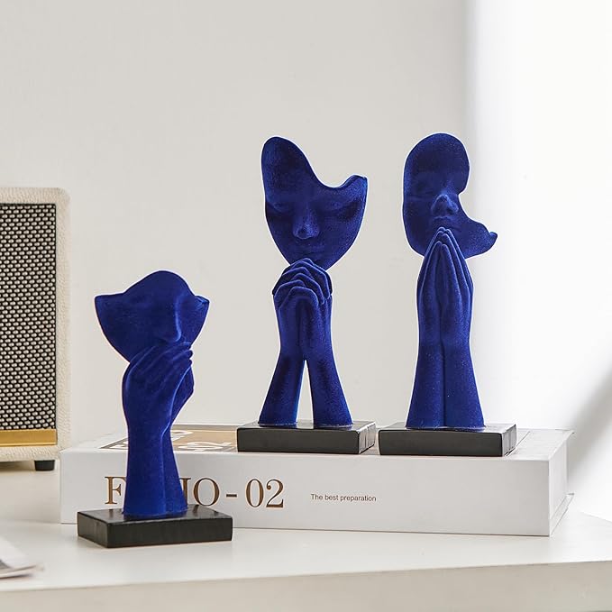 3 Pcs Navy Blue Decor Prayer Statues for Living Room Decor, Flocked Prayer of Peace Figurines Shelf Decor Accents, Abstract Sculptures for Bedroom Bookshelf Coffee Table Decor, Gifts for Women