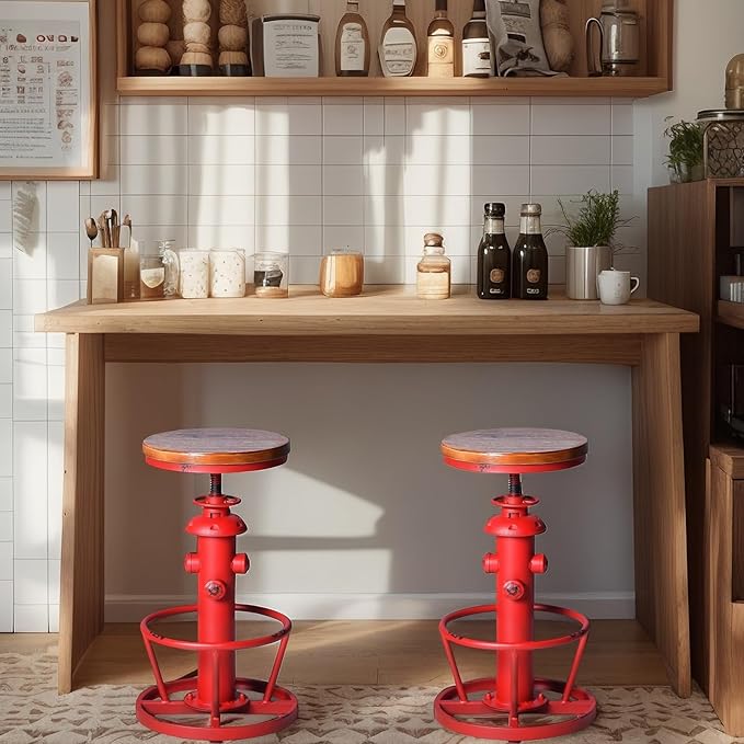Industrial Bar Stools Vintage Swivel Bar Chairs 24.8-30.7inch Height Adjustable Farmhouse Kitchen Counter Island Stool Fire Hydrant Design Pub Stool