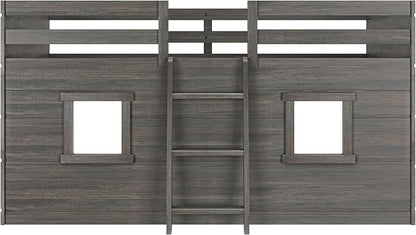 Max & Lily Modern Farmhouse Twin Low Loft Bed with Two Windows - Solid Wood, 15” Guardrails, 400-lb Capacity, Low-VOC Finish, Driftwood
