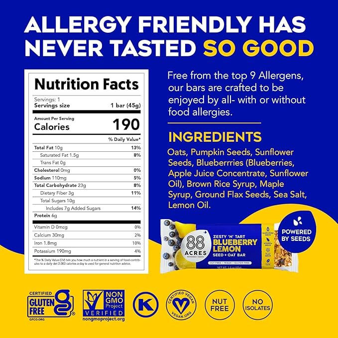 88 Acres Granola Bars | Blueberry Lemon | Gluten Free, Nut-Free Oat and Seed Granola Bar | Vegan & Always Non GMO | 12 Pack