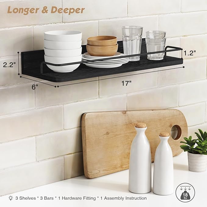 Forbena Black Floating Shelves for Wall, Bahtroom Wall Shelves Over Toilet, Rustic Hanging Shelf with Lip Rail for Bedroom Kitchen Office Living Room Picture Photo Decor, 17 Inch Long-Set of 3