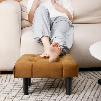 HOUCHICS Small Footstool Ottoman,Velvet Soft Footrest Ottoman with Wood Legs,Sofa Footrest Extra Seating for Living Room Entryway Office(Coffee 2PACK)