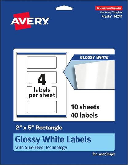 Avery Glossy White Rectangle Labels, Sure Feed Technology, 2" x 5", 40 Glossy White Labels, Print-to-The-Edge, Permanent Adhesive, Laser/Inkjet Printable