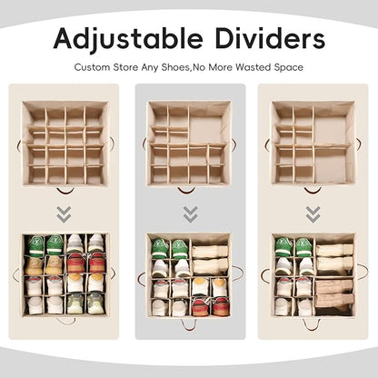 Shoe Organizer for Closet, 2 Pack Shoe Storage Bins with Clear Cover, Adjustable Dividers Fits 16-32 Pairs ShoeBoxes, Organizador de Zapatos, Khaki