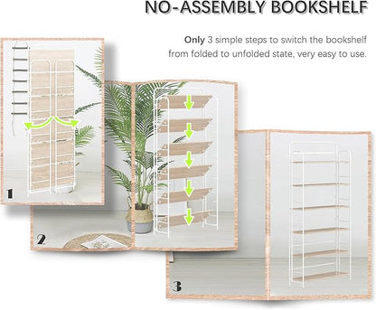 4NM No Assembly Folding Bookshelf 6 Tiers Vintage Industrial White Book Shelf Metal Foldable Storage Bookcase and Bookshelves for Living Room,Bedroom and Kitchen - Natural
