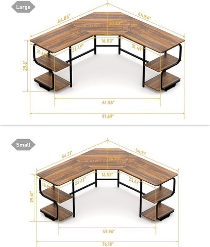 Teraves Modern L Shaped Desk with Shelves,64.84" Computer/Gaming Desk for Home Office,Corner Desk with Desktop (Teak+Black Frame, Large+4 Tier Shelves)