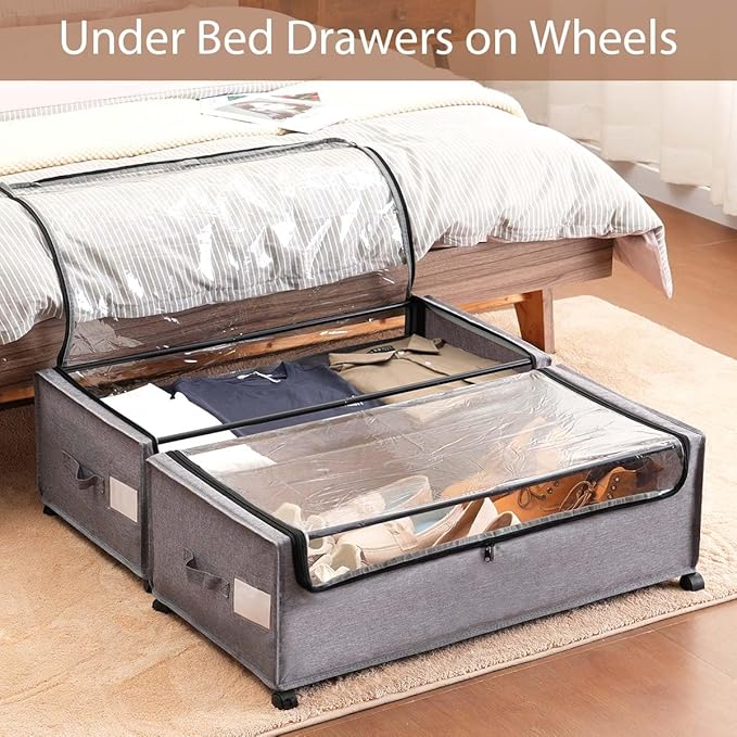 4-Packs Under Bed Storage with Wheels, Under The Bed Storage Drawers On Wheels, Rolling Underbed Drawers, Lockable, Heavy Duty, XXXXL Size 90L