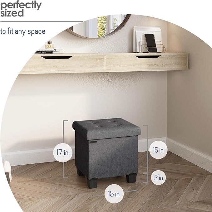 STORAGEBUD Storage Ottoman Cube with Small Bin, 16-in Square Ottoman with Storage for Living Room and Bedroom, Small Ottomans Foot Rest, Fabric Foot Stools Ottomans Max 330lbs, Grey