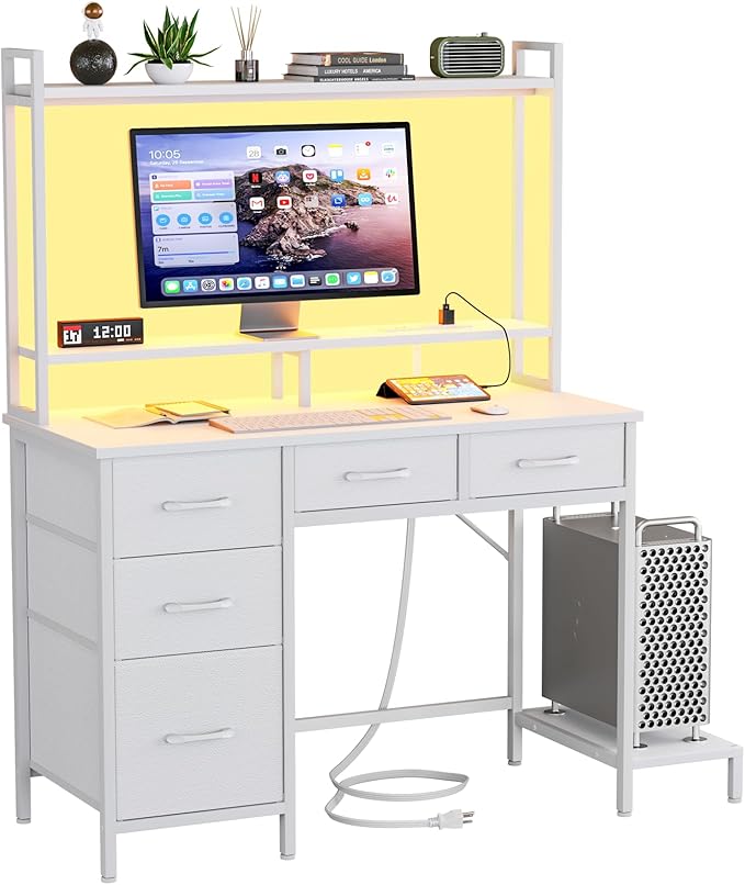Computer Desk with Hutch, White Gaming Desk with Power Outlets & LED Ligthts & 5 Fabric Drawers, Home Office Desk with 2 Tiers Storage Shelves for Display (White Oak, 39 Inch)