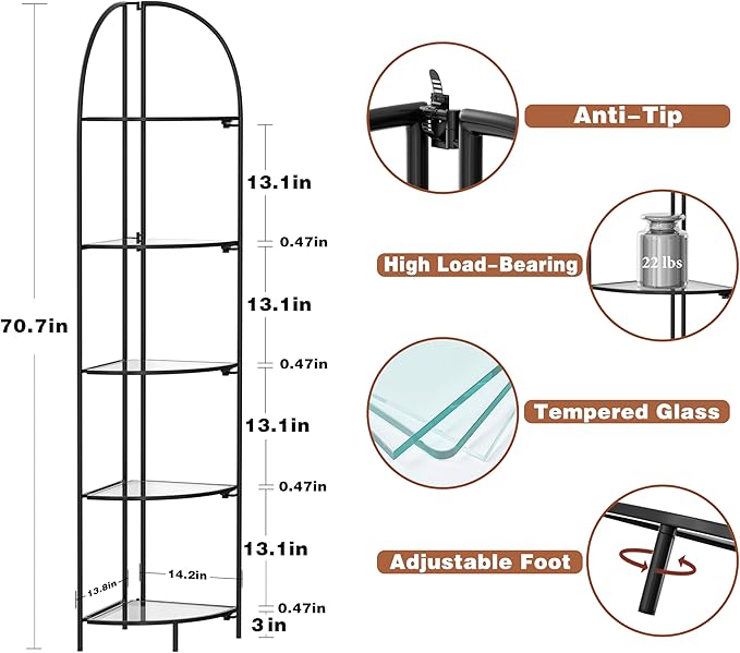 Crofy Foldable 5 Tier Corner Shelf, Metal Corner Plant Stand with Black Frame and Transparent Shelves, Corner Display Rack Multipurpose Shelving Unit for Living Room, Bedroom, Bathroom