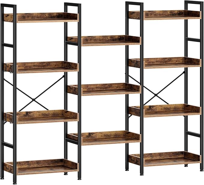 Rolanstar Bookshelf 4 Tiers with 4 Hooks, Triple Bookcase with Open Display Shelves, Industrial Wide Bookshelf with Metal Frame for Living Room, Office, Rustic Brown