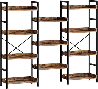 Rolanstar Bookshelf 4 Tiers with 4 Hooks, Triple Bookcase with Open Display Shelves, Industrial Wide Bookshelf with Metal Frame for Living Room, Office, Rustic Brown