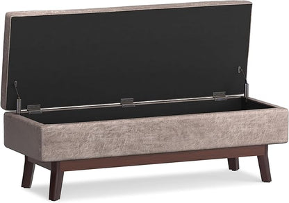 SIMPLIHOME Owen Rectangular Storage Ottoman - 48 inch Wide Upholstered Vegan Leather Lift-Top Ottoman in Distressed Grey Taupe, Mid-Century Modern Ottoman for Living Room with Tufted Detail