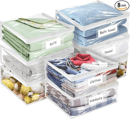 Kikerike Plastic Storage Bags with Easy-Glide Zipper, Pack of 8, Durable Clear Vinyl Zippered Storage Bags for Clothes Sweaters Comforters Blankets Sheets Bedding (15.7 x 13.8 x 3.9 Inch)
