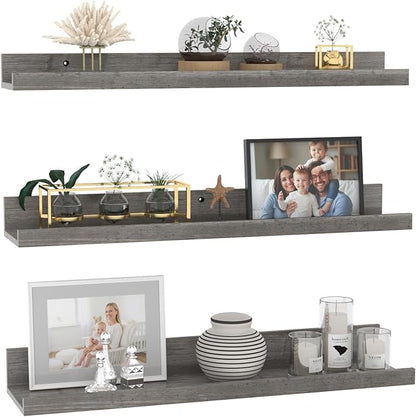 Giftgarden 24 Inch Grey Floating Shelves for Wall Mount, Gray Wood Wall Shelf Ledge for Bathroom Bedroom Living Room Kitchen Storage, Set of 3 Different Sizes