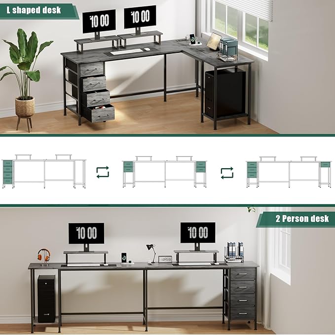 66" L Shaped Computer Desk, 94.4'' Home Office Desk with Power Outlets, 4 Adjustable Storage Drawers & 2 Monitor Stands, Large Two Person Gaming Table for Writing Study, Grey