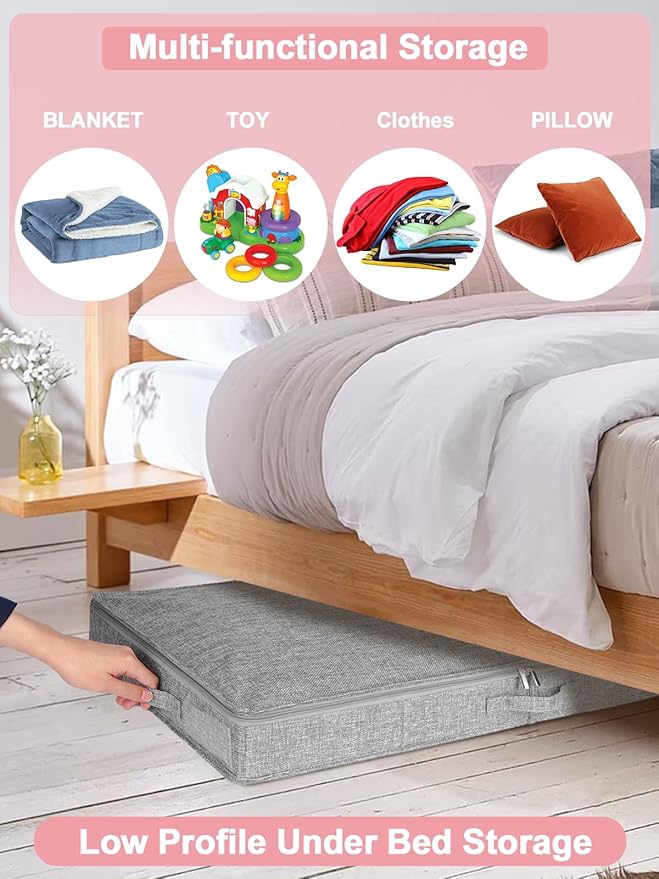 Low Profile Under Bed Storage Containers, 4" Tall Underbed Storage with Rigid Sidewalls & Bottom, Shallow Clothes Storage Organizer Bin with Lid for Couch Sofa Dorm, 2-Pack, 33.5 x 16 x 4 Inches Grey