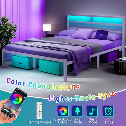 Queen Bed Frame with Headboard,Heavy Duty Steel Slats Support-LED Bed Frame with USB Charging Station,Mattress Foundation-Under Bed Storage,No Box Spring Needed,Noise Free,White