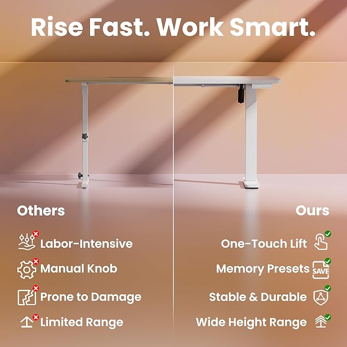 HUANUO 63 x 28 inch Electric Standing Desk Adjustable Height, 4 Memory Height Settings, Sit Stand Up Desk for Home Office & Computer Workstation, White