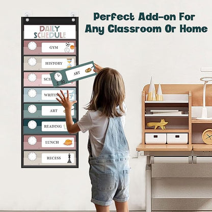 Monthly Calendar Pocket Chart for Classroom, Printed Days of The Week with Cards, Learning for Home or Kindergarten, Teacher Must Have Supplies That Fits Any School Décor (Black Calendar+Daily Schedule)