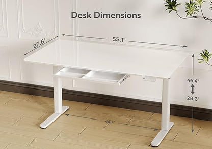 INNOVAR Glass Standing Desk with Drawers, 55×27.6 Inch Adjustable Stand Up Desk Quick Install Home Office Computer Desk, Super White