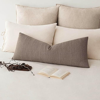 Foindtower Set of 2 Decorative Linen Check Throw Pillow Covers Neutral Long Body Lumbar Cushion Covers Farmhouse Vintage Boho Home Decor for Sofa Chair Couch Bedroom Living Room,14×36 Inch,Tan Taupe