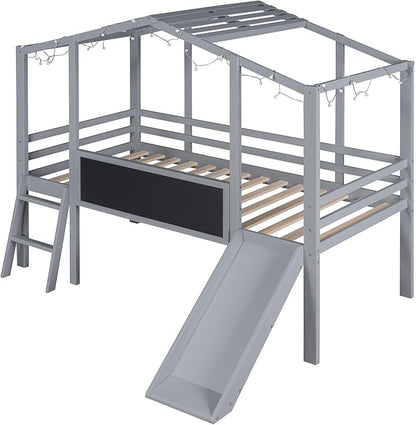 Ball & Cast Twin Size House Loft Bed with Ladder and Slide,Wood Bunkbed w/Blackboard and Light Strip on The Roof,Slat Support,Space Saving,Bedroom Furniture for Student Dorms,Gray