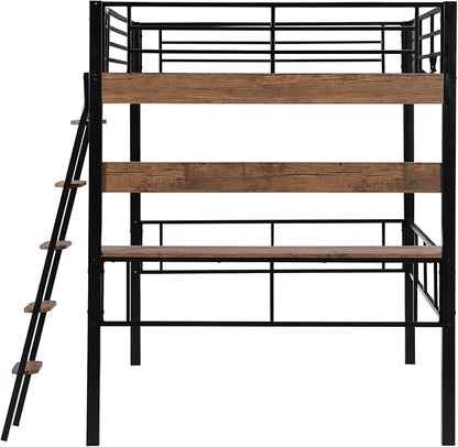 Metal Full Size Loft Bed with Built-in Desk,Storage Shelf and Ladder,Full-Length Guardrails and Secured Metal Slats, High LoftBed W/Large Storage Space for Kids Teens Adults Bedroom,Black