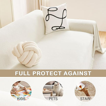 hyha Couch Cover for Dogs, Boho Sofa Covers for 3 Cushion Couch Washable, Chenille Sofa Slipcover for Pets, Soft Loveseat Sectional Couch Throw Blankets with Tassels (Beige, 88.5x134 Inch)