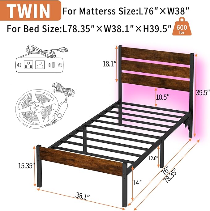 Twin Bed Frame with Headboard,Heavy Duty LED Bed Frame with USB Charging Station,Mattress Foundation-Under Bed Storage, No Box Spring Needed, Noise Free,Brown