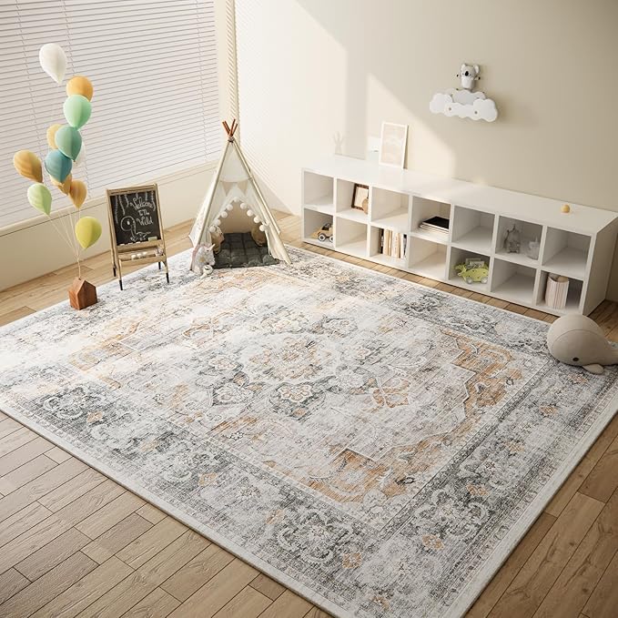 Machine Washable Living Room Rug: 5'x7' Bedroom Rugs Boho Vintage Large Rug Stain Resistant Non Slip Low Pile Faux Wool Soft Rugs for Dining Room Bedside Kitchen Entryway Nursery Home Office