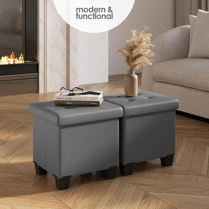 STORAGEBUD Storage Ottoman Cube with Small Bin, 16-in Square Ottoman with Storage for Living Room and Bedroom, Small Ottomans Foot Rest, Faux Leather Foot Stools Ottomans Max 330lbs, Grey