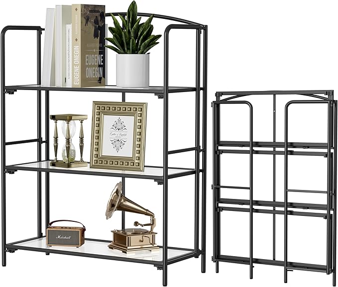 Crofy No Assembly Folding Bookshelf for Living Room, 3 Tier Black Collapsible Book Shelf for Home Office, Portable Bookcase Storage Organizer