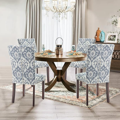 Parsons Dining Chairs Set of 4, Upholstered Nailhead Dining Room Kitchen Side Chair with Thick Cushions and Wood Legs, White/Blue