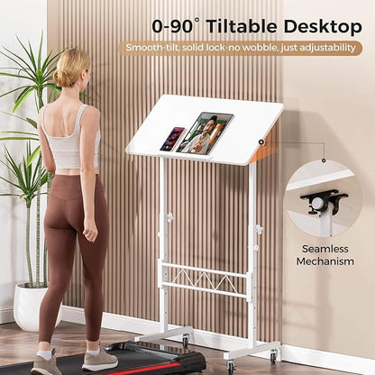 COMHOMA Small Standing Desk Adjustable Height & Tiltable Tabletop, Mobile Stand Up Desk for Laptop, Portable Computer Table for Home Office Work and Walking Pad Treadmill, Height 30.7"-46.4", White