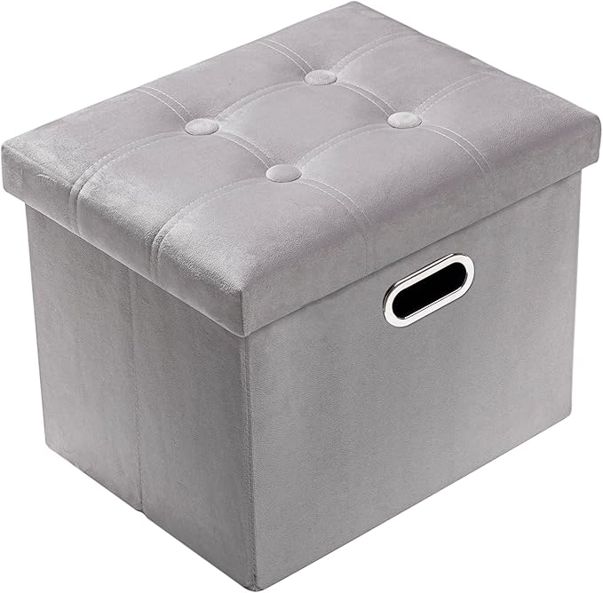PRANDOM Ottoman with Storage [1-Pack] Velvet Folding Small Square Foot Stool with Lid for Living Room Bedroom Coffee Table Dorm Light Grey 17x13x13 inches