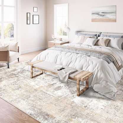 12x15 Washable Area Rug Beige Grey Neutral Abstract Living Room Bedroom Large Throw Rug Non Slip Soft Low Pile Indoor Floor Carpet for Dining Room Kitchen Office Entryway