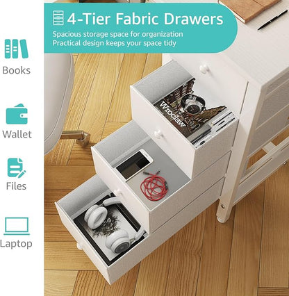 Lufeiya Small White Desk with Drawers for Bedroom, 40 Inch Kids Girls Study Desks, Reversible Computer Writing Nail Table with Fabric Drawer for Small Spaces Home Office Manicure