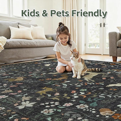 6x9 Area Rugs Washable Rug: Lagre Boho Living Room Rug Soft Non-Slip Thin Carpet Indoor Floor Non-Shedding Neutral Floral Carpets for Bedroom Dining Room Farmhouse Nursery Black