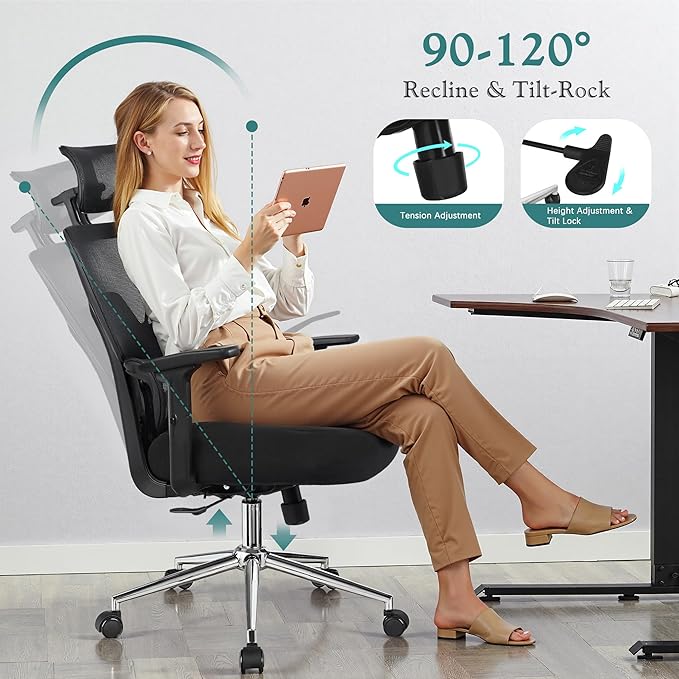 VECELO High Back Ergonomic Office Chair, Big and Tall Mesh Desk Chair with Wheels, Tilt Function, 3D Armrests & Headrest, Lumbar Support, Swivel Rolling Computer Chair for Task, Home Office, Black