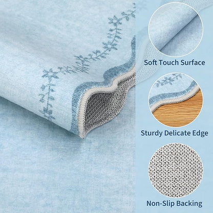 GarveeHome 2x6 Valentines Scalloped Washable Runner Rug for Kitchen, Soft Blue Hallway Runner Non Slip Entryway Rug Farmhouse Thin Laundry Mat Stain Resistant Carpet for Bedroom Bathroom Beside Rug