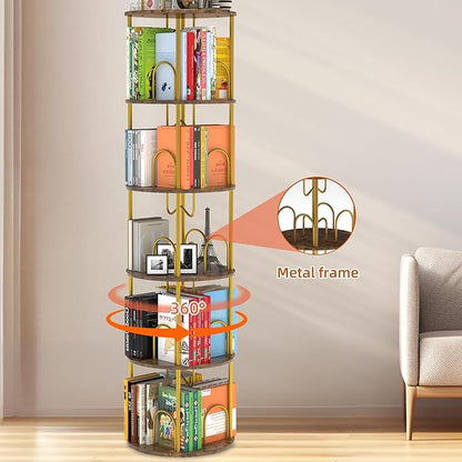 5 Tier Rotating Bookshelf, 360° Spinning Bookshelf Tower, Round Narrow Space Saving for Books and Display, Revolving Bookcase Corner Tall Book Shelf for Small Spaces, Bedroom, Living Room, Gold