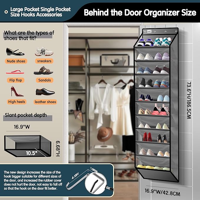 10 Tier Over The Door Organizer - Heavy Duty Hanging Storage Rack with Sturdy Oxford Fabric, Holds 20+ Pairs of Footwear, Boots & Sneakers, Saves 50% Closet Space (Gray)
