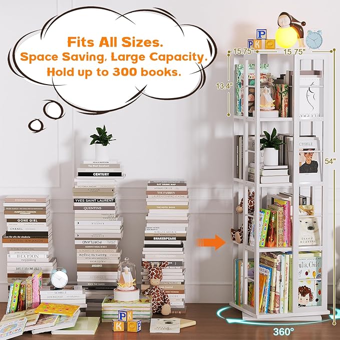 Aheaplus Rotating Bookshelf, 4-Tier Corner Bookshelf, 360 Display Wood Spinning Bookshelf, Floor Standing Bookcase Narrow Shelf Revolving Organizer Storage Rack for Small Space, Study Room, White