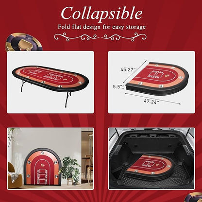 10 Players Oval Poker Table with Padded Rails, Folding Casino-Style Texas Wood Grain Game Poker Tables with Cup Holder, Red Felt Surface, Fully Assemble