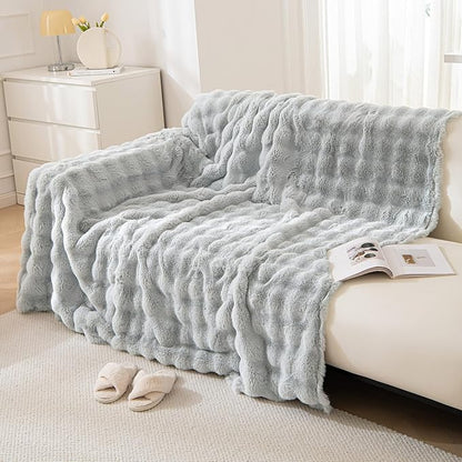 VM VOUGEMARKET Thick Faux Rabbit Fur Couch Cover 1-Piece Non-Slip Warm Soft Cozy Sofa Covers,Fluffy Plush Sofa Slipcover Furniture Protector for Kids,Pets(Grey,71" x 118")