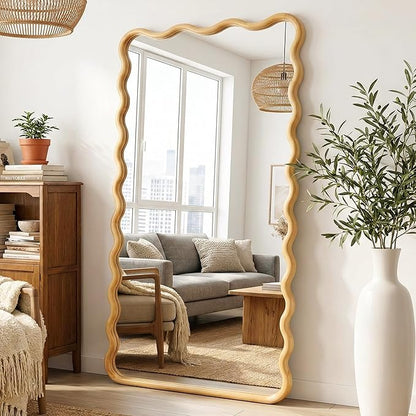Wavy Mirror for Wall, 55"x28" Boho Wavy Wood Mirror Large Full Length Decorative Mirror with Tempered Glass, Natural Wooden Frame Vanity Mirror for Bedroom, Living Room, Entryway