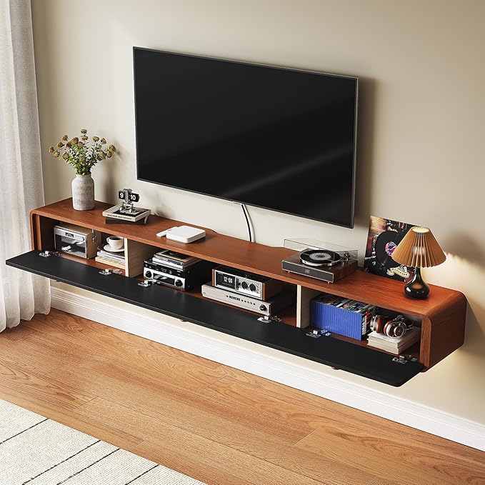 Minimalist 55'' Floating TV Stand with 3 Doors,Solid Wood Wall Mounted TV Console,Floating Entertainment Center with Hidden Storage,Curved Round Edges,Natural Wood Finish(Walnut)